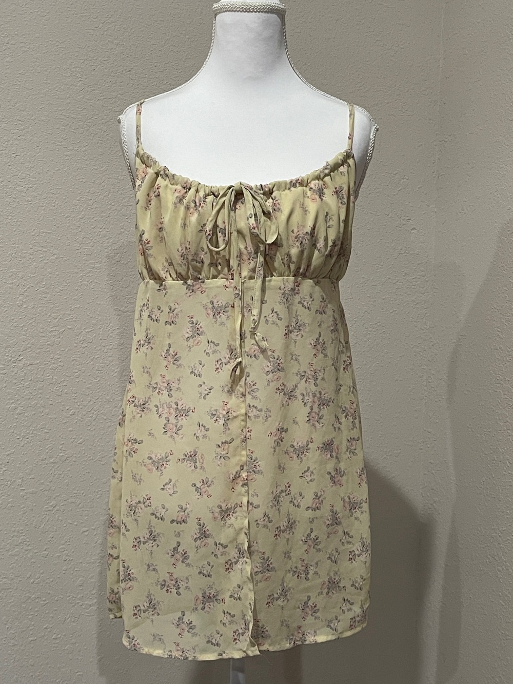 PERSAYA Floral Babydoll Tunic Gathered Bust Sheer Split Hem Top SZ M Mini Dress